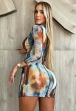 Autumn Multi-color Sexy Lace-Up Print Long Sleeve Mini Party Dress