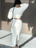 Winter Casual White Fleece Crop Top and Pants Two Piece Set