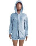 Winter Blue Fleece Hooded Top and Shorts 2 Piece Lounge Set