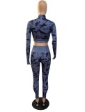 Autumn Sports Blue Camo Print Cropped Jacket and High Waist Leggings Two Piece Set