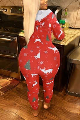 Winter Plus Size Red Print Zipped Up Hooded Onesie Christmas Pajama Jumpsuit