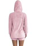Winter Pink Fleece Hooded Top and Shorts 2 Piece Lounge Set