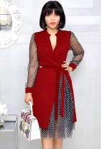 Autumn Plus Size Formal Mesh Patch Polka Dot Red Knee-Length Office Dress