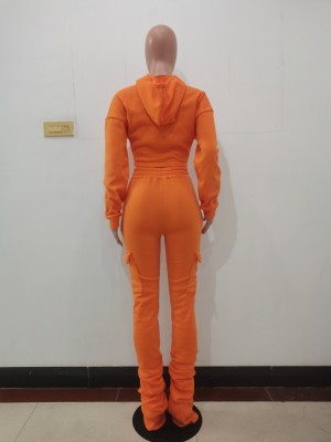 Winter Sports Orange Hooded Crop Top and Pants 2 Piece Sweatsuit