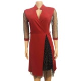 Autumn Plus Size Formal Mesh Patch Polka Dot Red Knee-Length Office Dress