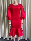 Winter Formal Red Puff Sleeve O-Neck Mermaid Long Party Dress