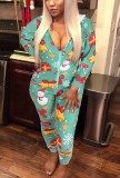 Winter Plus Size Green Print Zipped Up Hooded Onesie Christmas Pajama Jumpsuit