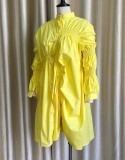 Autumn Casual Yellow Oversizes O-Neck Pleated Blouse Dress