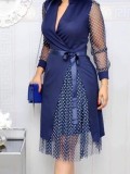 Autumn Plus Size Formal Mesh Patch Polka Dot Blue Knee-Length Office Dress