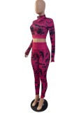 Autumn Sports Rose Camo Print Cropped Jacket and High Waist Leggings Two Piece Set