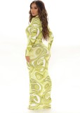 Winter Print Green Sexy Hollow Out Keyhole Long Bodycon Party Dress