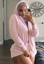 Winter Pink Fleece Hooded Top and Shorts 2 Piece Lounge Set