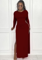Autumn Formal Red Cut Out Side Slit Keyhole O-Neck Long Party Dress