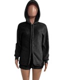 Winter Black Fleece Hooded Top and Shorts 2 Piece Lounge Set