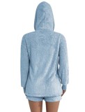 Winter Blue Fleece Hooded Top and Shorts 2 Piece Lounge Set