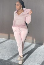 Winter Casual Pink Hooded Crop Top and Pants Two Piece Set