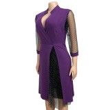 Autumn Plus Size Formal Mesh Patch Polka Dot Purple Knee-Length Office Dress