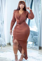 Winter Brown Sexy V-Neck Irregular Ruched Long Party Dress