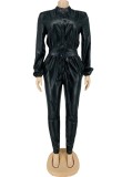 Winter Formal Black Leather Button Up Long Sleeve Jumpsuit with Belt