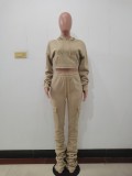 Winter Sports Khaki Hooded Crop Top and Pants 2 Piece Sweatsuit