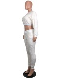 Winter Casual White Fleece Crop Top and Pants Two Piece Set