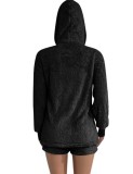 Winter Black Fleece Hooded Top and Shorts 2 Piece Lounge Set
