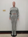 Winter Sports Grey Hooded Crop Top and Pants 2 Piece Sweatsuit
