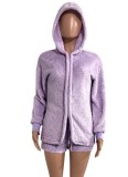 Winter Purple Fleece Hooded Top and Shorts 2 Piece Lounge Set