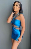 Summer Blue Metallic Sexy Keyhole Hollow Out Strap Mini Party Dress