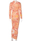 Winter Print Orange Sexy Hollow Out Keyhole Long Bodycon Party Dress