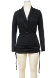 Autumn Casual Black Long Sleeve Blouse and Ruched Mini Skirt Two Piece Set