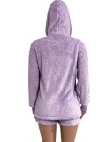 Winter Purple Fleece Hooded Top and Shorts 2 Piece Lounge Set