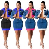 Winter Blue and Rose Feather Patch Denim Crop Jacket and Mini Skirt Two Piece Set