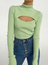 Winter Green Turtleneck Cut Out Knit Basic Top