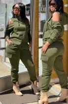 Winter Green Blank Cut Out Shoulder Hooded 2PC Pants Sweatsuit
