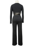 Winter Black Knit Casual Tied Crop Top and Pants Two Piece Set