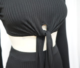 Winter Black Knit Casual Tied Crop Top and Pants Two Piece Set