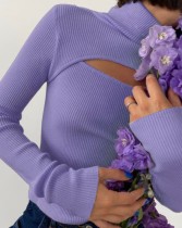 Winter Purple Turtleneck Cut Out Knit Basic Top