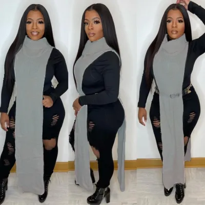 Winter Grey Turtleneck Side Slit Long Sweater Top