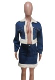 Winter Blue and White Feather Patch Denim Crop Jacket and Mini Skirt Two Piece Set