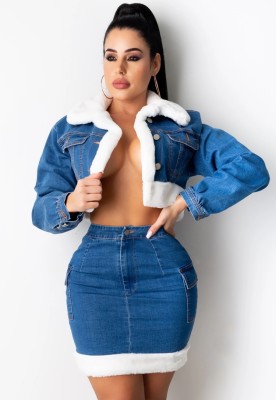 Winter Blue and White Feather Patch Denim Crop Jacket and Mini Skirt Two Piece Set