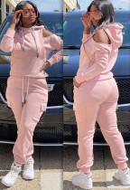 Winter Pink Blank Cut Out Shoulder Hooded 2PC Pants Sweatsuit