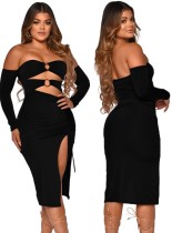 Autumn Black Cut Out Sexy Strapless O-Ring Side Slit Party Dress