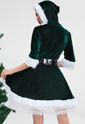 Green Santa Women V-Neck Hooded Dress Christmas Costume with Belt
