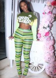Autumn Green Print Tassels Crop Top and Stripes Pants Two Piece Set