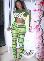 Autumn Green Print Tassels Crop Top and Stripes Pants Two Piece Set