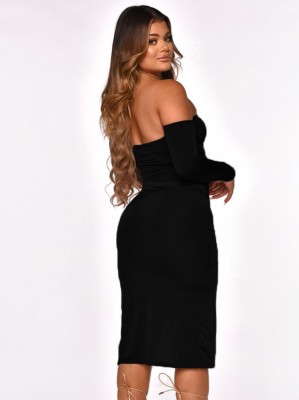 Autumn Black Cut Out Sexy Strapless O-Ring Side Slit Party Dress