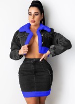 Winter Black and Royal Feather Patch Denim Crop Jacket and Mini Skirt Two Piece Set