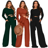 Winter Green Knit Casual Tied Crop Top and Pants Two Piece Set