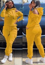 Winter Yellow Blank Cut Out Shoulder Hooded 2PC Pants Sweatsuit